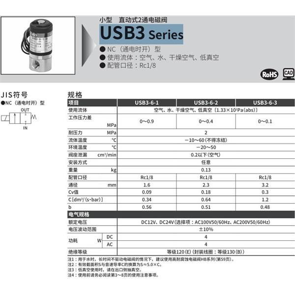 CKD喜開理多種流體小型直動式2通電磁閥USB3-6-3-D-DC12V