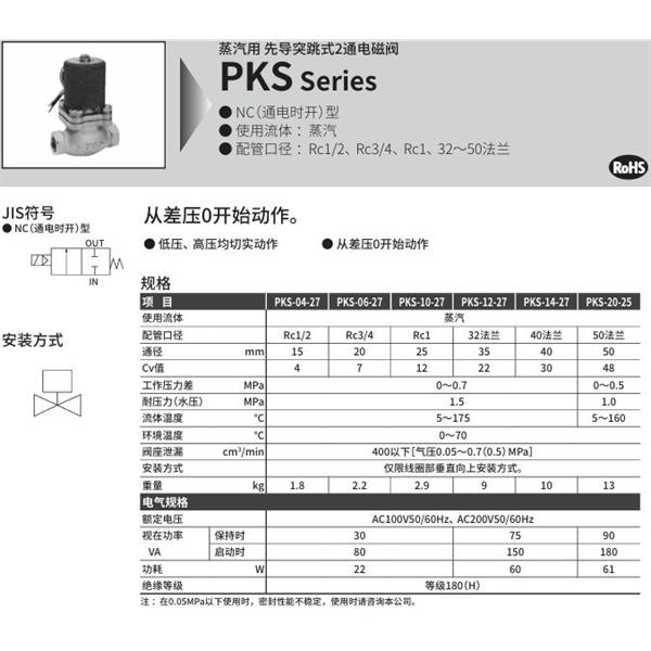CKD喜開理蒸汽用先導突跳式2通電磁閥PKS-12-27-4M-AC100V