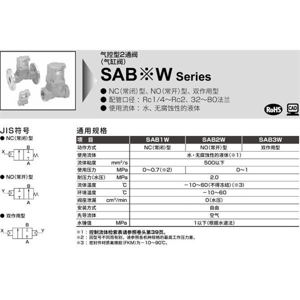 CKD喜開理氣控型2通閥（氣缸閥）SAB3W-32A-0B