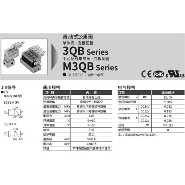 CKD喜開理直動式3通電磁閥M3QB110-M5-D22HV-20-4