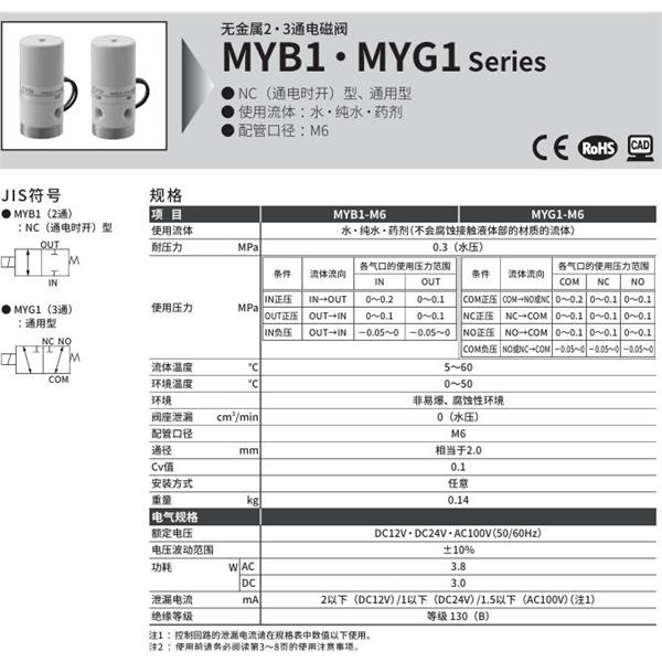 CKD喜開理無金屬2?3通電磁閥MYB2-6-AC100V