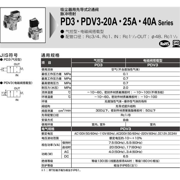 CKD喜開理脈沖噴射閥PDV3-40A-F2C-AC100V