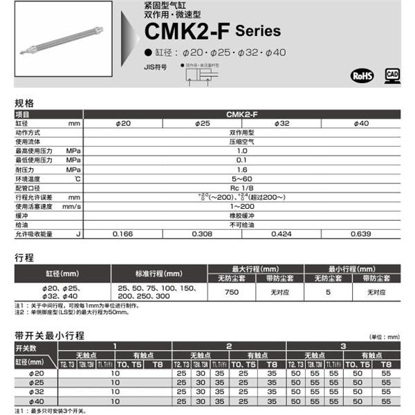 CKD喜開理緊固型氣缸CMK2-F-CB-32-100-T0H-R-MI