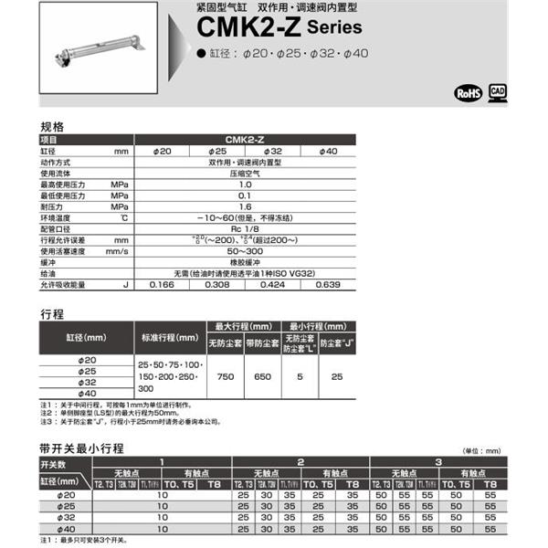 CKD喜開理緊固型氣缸CMK2-Z-FA-20-100-JI