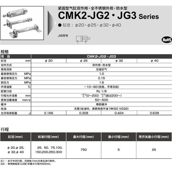 CKD喜開理緊固型氣缸CMK2-JG3-00-25-50-I