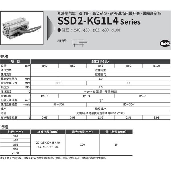 CKD喜開理緊湊型氣缸SSD2-KG1L4-100-40-V0-D-N-LB-I