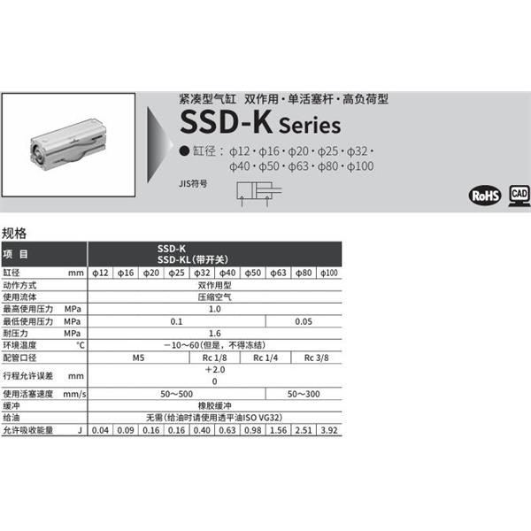 CKD喜開理超級緊湊型氣缸SSD-KL-32-5-T0H-R-N-LB-I
