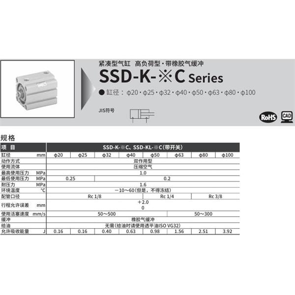 CKD喜開理超級緊湊型氣缸SSD-K-63C-10-N-LB-I
