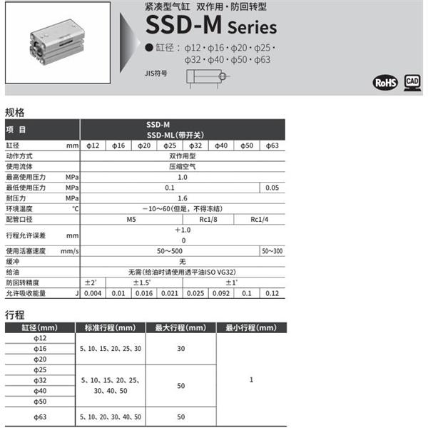 CKD喜開理超級緊湊型氣缸SSD-ML-40-5-T0H-R-N-LB-I