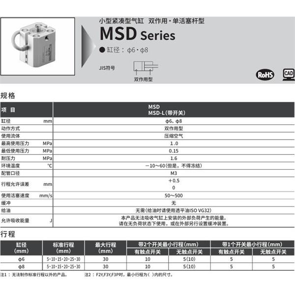CKD喜開理小型帶線性導(dǎo)軌緊湊型氣缸MSD-6-20-R