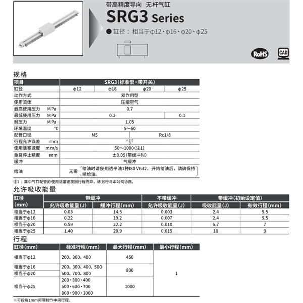 CKD喜開理高精度導軌超級無桿氣缸SRG3-LB-16R-200-M0H-R-A